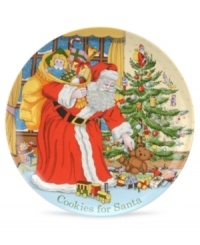 A sweet addition to the famously festive Christmas Tree collection of holiday dinnerware and dishes from Spode, this cookie plate is a merrymaking centerpiece for your holiday table. Santa delivers gifts to a familiar tree, decorated just as it is in the classic dinnerware pattern. Cookies for Santa adorns the irresistible scene.