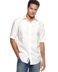 Upgrade your classic casual with this embroidered, linen-blend shirt from Cubavera.