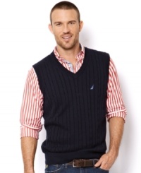 Go from basic to classic by simply layering on this handsome cabled sweater-vest from Nautica.