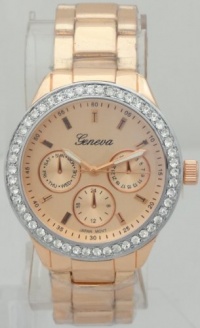 Geneva Quartz Chronograph-style Look Rhinestone on Bezel Rose Gold Metal Band