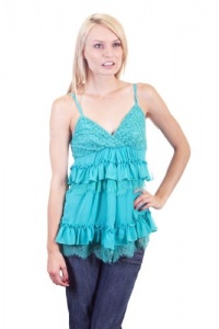 Ina Ruffled Lace Trim Chiffon Daisy Embroidered Netting Overlay Triangle Top Elastic Cinched Back Semi Sheer Peek a Boo Center Split Blouse Aqua Blue Small