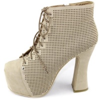 Bumper Lueza-07 Nude Beige Leatherette Lace Up Booties, Size: 8.5 M US