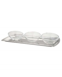 This chic set lets you serve nuts, olives or sauces with style. The slanted sides of the crystal bowls makes for easy dipping and adds a modern flair. 4-piece set includes 3 crystal bowls and 1 stainless steel tray