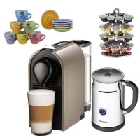 Nespresso U-C50 Pure Coffee Machine/Aero + Bundle (Grey) + Coffee Carousel + Set Of 6 Espresso Cups & Saucers Tri Color