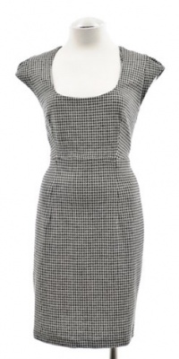 French Connection Black Cream Houndstooth Print Pleated Cap Sleeve Sheath Dress 10