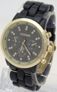 Finesse Quartz Chronograph Look Black Plastic Band Gold Case with Rhinestone