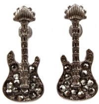 Trendy Small Crystal Embellished 3/4 Long Rocker Guitar Stud Earrings - Black Hematite Plated