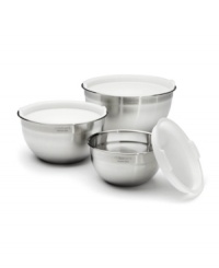 Put your kitchen into the mix. You're equipped to take on any size recipe with 6 nesting stainless steel bowls with steady bases, tall sides and tight-fitting lids to cut down on mess, maximize freshness and provide the ideal space for meal-making.