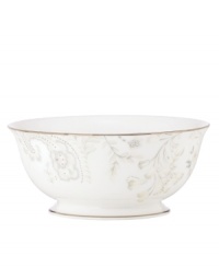 Crafted of exquisite bone china with high-fashion florals and shimmering platinum and mica accents, the Paisley Bloom serving bowl from Marchesa by Lenox turns heads at any formal table.