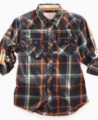 The crisp earth-tone on this plaid shirt from Guess makes it perfect for the season.