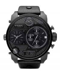 Dark-as-night, industrial-strength style, by Diesel. Watch crafted from black leather strap and round black ion-plated stainless steel case, 65x75mm. Knurled black chronograph dial features applied index, multiple subdials, negative display digital subdial at six o'clock, date window at four o'clock, lugs and logo. Quartz movement. Water resistant to 50 meters. Two-year limited warranty.