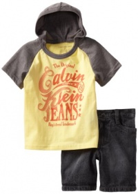 Calvin Klein Boys 2-7 Short Sleeve 2 Piece Hooded Tee With Denim Short, Yellow, 4T