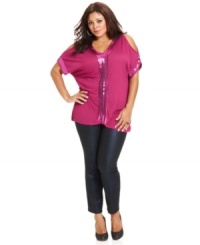 Get the party started in Seven7 Jeans' cold-shoulder plus size top, featuring sequined detail!