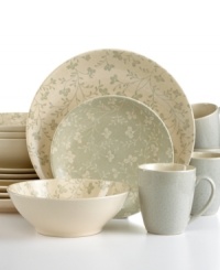 Allover blooms rooted in vintage charm conceal the hardy stoneware of Fresh Flowers dinnerware from Sango. With simple coupe bowls and plates, plus mugs in a complementary shade of gray.