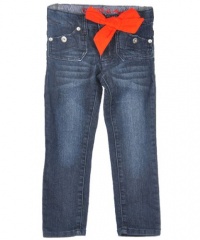 GUESS Kids Girls Little Girl Foxy Skinny Jeans with Bow, DARK STONEWASH (3T)