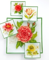 Give new life to your go-to recipes with Botanical Flowers dessert plates. Watercolor blooms plucked from the galleries of artist Susan Winget evoke the sunny ease of country living. Pine-green trim and cute bug stamps add extra personality to each glass dish. From Prima Designs' collection of serveware and serving dishes. (Clearance)