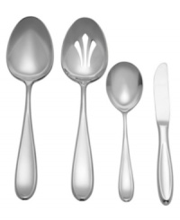 A pleasant teardrop-shaped handle design in stamped 18/10 stainless steel evokes the cozy luxury of a summer cottage. Bring elegance to the table every day with the warm Holliston pattern from fine silversmith Reed & Barton. Includes a tablespoon, pierced tablespoon, sugar spoon and butter knife.