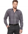 Muted colors pop with a plaid design on this sophisticated, long-sleeved shirt from Alfani Black. (Clearance)