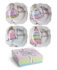 A sweet surprise, Rosanna's Happy Birthday dessert plates will be the icing on her cake. Polka-dotted porcelain with paisley confections, ruffled edges and adorable boxes make the set a truly special birthday treat.