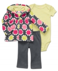 She'll have cute, comfy flower power in this playful bodysuit, fleece hoodie and pant set from Carter's.