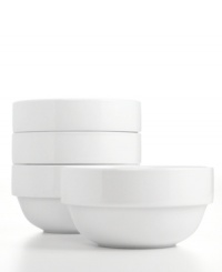 Keep the table and kitchen clean with Stax Living dinnerware. A pure white glaze adorns cereal bowls for everyday use, in a shape designed for efficient stacking and storage. Perfect for small spaces!