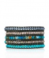 CHAN LUU Aqua Fire Agate Stone Mix Wrap Bracelet on Dark Green Leather