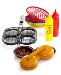 Everybody loves a burger! Serve up the newest party sensation with this deluxe grill set, which includes grill basket, BBQ serving set and a double patty press. It's easy to prep and dish out perfect patties infused with rich, smoky flavor! 1-year warranty.