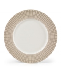 Shape up. A pattern of tiny squares gives the Mikasa Crisscross round platter a modern look and feel in resilient, everyday stoneware. Soothing tan and white tones mixing a matte and shiny finish add to its understated cool.