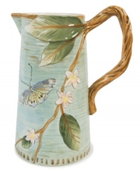 A charming part of any casual landscape, this fanciful pitcher from Fitz and Floyd combines all the special details of the elaborate Toulouse collection, from its sculpted blooms and twig handle to colorful butterflies.