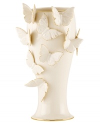 The essence of whimsy, this Lenox Flutter vase will lift your spirits with gold-tipped butterflies and elegant banding in timeless ivory porcelain.