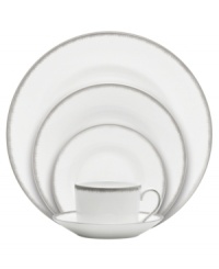 Fresh and cool in crisp white, the Silver Leaf place settings deliver modern style and iconic craftsmanship. Delicate feathered platinum applied using Wedgwood's signature technique shimmers with whimsy on sleek bone china.