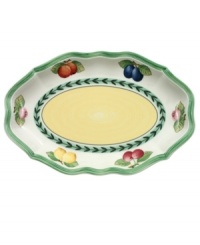 Bring the lush bounty of the French countryside to your table with this charming tray for the coordinating gravy boat or snacks like pickles and olives. Fresh summer fruits and leaf garland adorn durable porcelain from Villeroy & Boch.