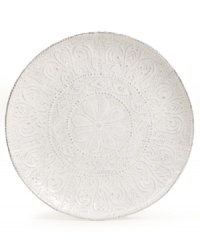 Get a feel for French style with the delicately embossed Blanc Colette salad plate from Versailles Maison. Romantic scrolling vines encircle rustic earthenware with a simple white glaze and irresistible charm.