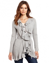 Magaschoni Women's 100% Cashmere Ruffle Cardigan, Light Silver Mouline, X-Large