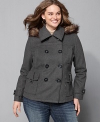 A removable faux fur hood lends a luxe touch to Dollhouse's plus size pea coat-- it's a must-have for falling temps!