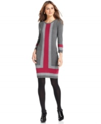 NY Collection makes this petite sweater dress striking with a sleek colorblocked striped at the center, cuffs and hem.