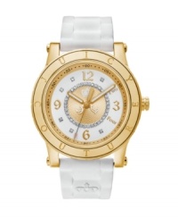 Regal design, worthy of your Royal Highness. HRH watch by Juicy Couture crafted of white silicone bracelet and round gold-plated stainless steel case with logo-etched bezel. White dial with inner textured gold tone dial crystallized with Swarovski elements features gold tone Roman numerals, minute track, luminous hands and iconic crown logo. Quartz movement. Water resistant to 30 meters. Two-year limited warranty.