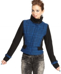 Heat things up in Material Girl's houndstooth-print jacket! Wool-blend fabric and a funnel collar ward off the chill in chic style.