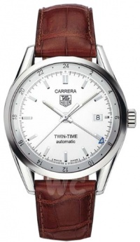 TAG Heuer Men's WV2116.FC6181 Carerra Calibre 7 Twin Time Automatic White Dial Brown Crocodile Watch