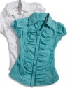 GUESS Kids Girls Big Girl Shirred-Front Top, AQUA (14)