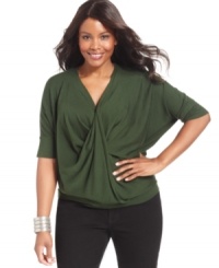 A draped front lends a unique twist to Design 365's elbow sleeve plus size sweater.