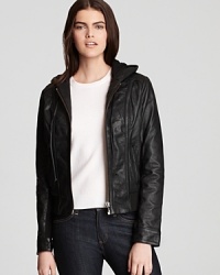 This chic leather and shearling KORS Michael Kors jacket is the perfect city coat with cozy ribbed knit trim at the hem and sleeves for an extra dose of warmth.