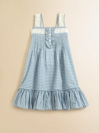 Delicate lace trim adorns the shoulder straps and neckline of this pretty A-line frock, rendered in a bright gingham check for preppy warm-weather style.Straight necklineWide shoulder strapsRuffled front button placketPintucked bodiceRear smockingFlared, ruffled hemCottonMachine washImported Please note: Number of buttons may vary depending on size ordered. 