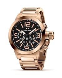 TW Steel's chronograph Canteen watch lends a bold look in brilliant rose gold plated stainless steel.