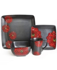 Fiery blooms pop against the metallic black glaze of Asiana Red dinnerware for a look that's strikingly bold. Easy-clean earthenware in soft square shapes adds to its modern appeal.