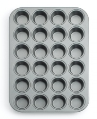 This 24-cup mini muffin pan yields mini bite-size morsels! Features include nonstick interiors and exteriors for easy cleaning, no-hassle food release and optimum baking performance. Reinforced nonstick surface also offers long-lasting durability. Constructed of aluminized steel to resist rusting. Rolled edges are reinforced with tinned steel wire for added strength. Oven safe to 450 degrees. Lifetime warranty.Model BW5024.