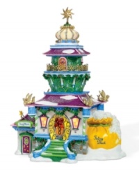 A bright light in the cold, white North Pole landscape, Tinkerbell's luxe lighthouse features fantastical swirls of emerald, violet and ice-blue rooftops and gold replicas of the famous pixie. Tink's wand shop and fairy dust work magic on your holiday decor.