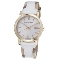 Burberry BU9015 Women's Swiss Heymarket Check Fabric and White Leather Band White Dial Watch