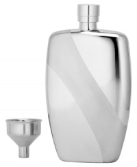 Bring your own drink in this stylish flask, featuring polished stainless steel with a matte-finished stripe. A fantastic gift and go-to favorite from Gorham's That's Entertainment barware collection. With funnel for easy filling.