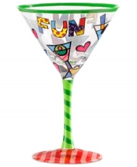 Create a festive party atmosphere the distinct pop art that adorns Romero Britto's martini glass. Hearts, dots and stripes scream fun on your table and also on display.